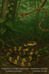Illustration of a Couleuvre à collier américaine (Leptodeira annulata) and an Imantodes à tête plate (Imantodes cenchoa) in action in their natural habitat. The image should be in 1025x1536 format and include both their French and scientific names.