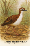 Msite  poitrine blanche (Mesitornis variegata) en action dans son habitat naturel, format 1025x1536, avec les noms franais et scientifique visibles