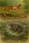 Draw an Agile Frog (Rana dalmatina) and a Pyrenean Frog (Rana pyrenaica) in action in their natural habitat, including their French and scientific names.