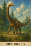 Draw a Diplodocus in action in its natural habitat, including its scientific name.