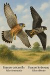 Draw a Common Kestrel (Falco tinnunculus) and a Eurasian Hobby (Falco subbuteo) in action in their natural habitat, with their French and scientific names displayed.