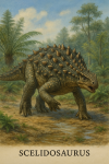 Draw a Scelidosaurus in action in its natural habitat, including its scientific name.