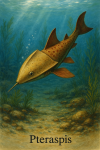 Draw a Pteraspis in action in its natural habitat, including its scientific name.
