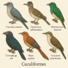 dessine moi 6 cuculiformes (oiseaux) d'espces diffrentes en couleurs sur fond clair en format 1024*1024 et leurs noms scientifique seulement.