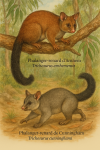Dessine un Trichosurus arnhemensis (Phalanger-renard d’Arnhem) et un Trichosurus cunninghami (Phalanger-renard de Cunningham) en action dans leur milieu naturel, avec leurs noms français et scientifiques visibles. Format 1025x1536.