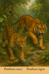 Draw a jaguar (Panthera onca) and a tiger (Panthera tigris) in action within their natural habitat, showcasing their scientific names.