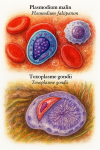 Plasmodium falciparum (Plasmodium malin) et Toxoplasma gondii (Toxoplasme gondii) en action dans leur milieu naturel, illustrés dans un format 1025x1536 avec leurs noms français et scientifiques