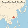 dessine moi la repartition geographique du tigre de chine merifionale sur une carte geographique