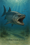 Draw a Xiphactinus in action in its natural habitat, including its scientific name.