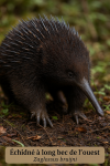 Un chidn  long bec de louest (Zaglossus bruijni) en action dans son habitat naturel, illustr dans un format vertical 1025x1536, avec les noms 'chidn  long bec de louest' et 'Zaglossus bruijni' intgrs dans l'image