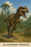 Draw an Allosaurus in action in its natural habitat, including its scientific name.