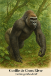 Gorille de Cross River (Gorilla gorilla diehli) en action dans son milieu naturel, format 1025x1536, avec son nom franais et scientifique