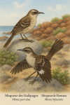 dessine un Mimus parvulus (le moqueur des Galápagos) et un Mimus trifasciatus (le moqueur de Floreana) en action dans leur milieu naturel, avec leurs noms français et scientifiques visibles, dans un format vertical 1025x1536