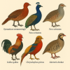 dessine moi 6 phasianids (oiseaux) d'espces defrentes en couleurs sur fond clair en format 1024*1024 et leurs noms scientifique seulement.