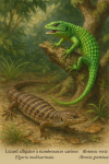 Illustration d'un Elgaria multicarinata (Lézard alligator à nombreuses carènes) et d'un Abronia graminea (Abronie verte) en action dans leur milieu naturel, avec leurs noms français et scientifiques visibles, format 1025x1536