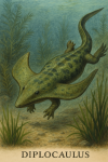 Draw a Diplocaulus in action in its natural habitat, including its scientific name.