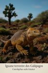 Draw a Galapagos land iguana in action in its natural habitat, including its scientific name (Conolophus subcristatus) and French name (Iguane terrestre des Galápagos).