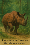 Illustration d’un rhinocéros de Sumatra (Dicerorhinus sumatrensis) en action dans son milieu naturel, forêt tropicale dense, format vertical 1025x1536, avec son nom français et scientifique intégrés discrètement.