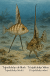 Draw a Tripodichthys de Bloch (Tripodichthys blochii) and a Trixiphichthys de Weber (Trixiphichthys weberi) in action in their natural habitat, including their French and scientific names.