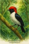 dessine un(e) Manakin d'Araripe (Antilophia bokermanni) en action dans son milieu naturel, avec les noms Franais et scientifique visibles