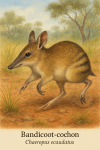 Chaeropus ecaudatus — Bandicoot-cochon en action dans son milieu naturel, avec son nom français et scientifique visible