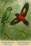 dessine un Perruche de Maurice (Psittacula eques) et un Lori de Charmosyna (Charmosyna diadema) en action dans leur milieu naturel avec leurs noms Français et scientifique