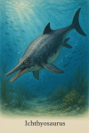 Draw an Ichthyosaurus in action in its natural habitat, including its scientific name.