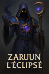 Zaruun l’Éclipsé, personnage de World of Warcraft: The War Within, avec son nom et son titre en français, à l’époque de The War Within, dans un style épique et sombre.