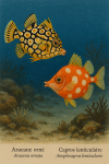 Draw an Ornate Cowfish (Aracana ornata) and a Boxfish (Anoplocapros lenticularis) in action in their natural habitat, with their French and scientific names displayed.
