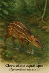 Chevrotain aquatique (Hyemoschus aquaticus) en action dans son milieu naturel, avec son nom français et scientifique affiché