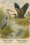 Draw a Grey Heron (Ardea cinerea) and a Purple Heron (Ardea purpure