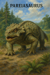 Draw a Pareiasaurus in action in its natural habitat, including its scientific name.