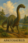 Draw an Apatosaurus in action in its natural habitat, including its scientific name.