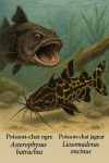 Draw an Ogre Catfish (Asterophysus batrachus) and a Jaguar Catfish (Liosomadoras oncinus) in action in their natural habitat, including their French and scientific names.