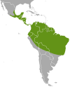 Carte d'Amérique avec large zone verte à cheval sur l'Amérique centrale et une grande moitié d'Amérique du Sud