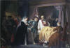 Charles IX et Catherine de Mdicis s'enqurant de Coligny, aprs l'arquebusade dont il est victime le 22 aot 1572, 1849, huile sur toile de Georg Wilhelm Volkhart (de), Muse d'Art d'Hmeenlinna en Finlande